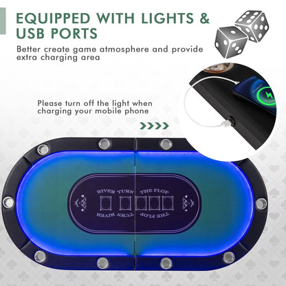 Foldable 10 Player Poker Table Casino Texas Holdem with LED Lights USB Ports Green