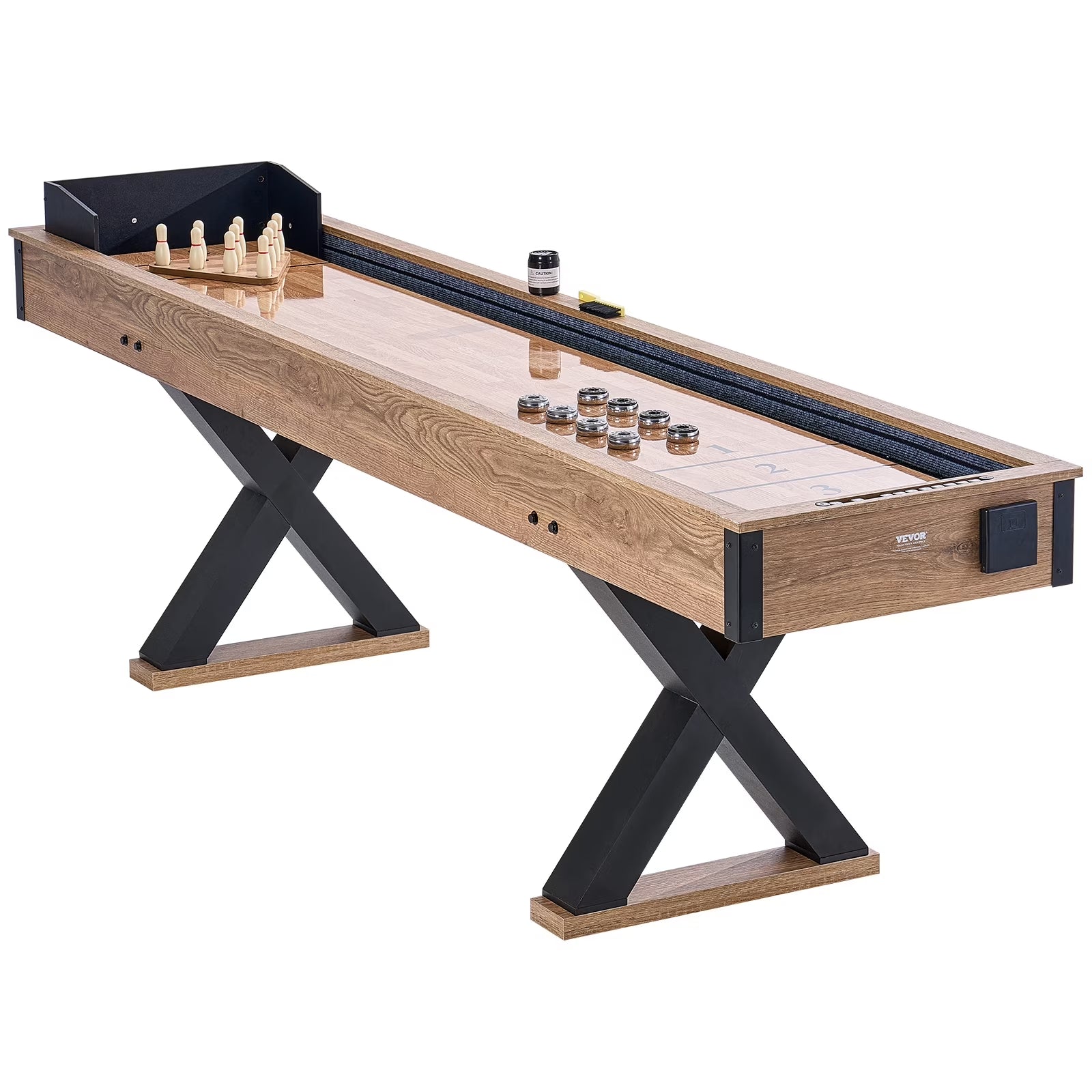 Shuffleboard Table, 9 Ft Shuffleboard for Family Game Rooms, 2 in 1 Shuffleboard and Bowling Combo Game Set, with Scratch-Resistant Playfield, Legs, 8 Pucks, Bowling Set, Wax