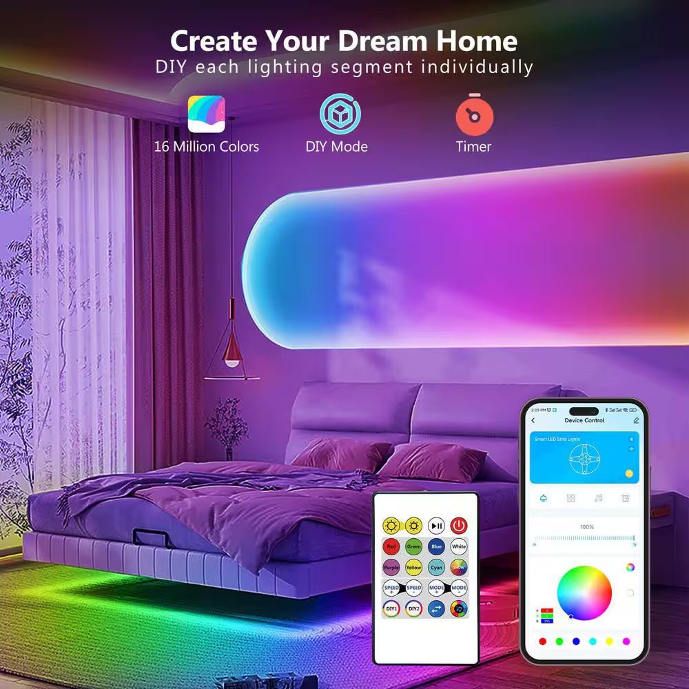 32.8 Ft. Hardwired RGB Smart IC COB Integrated LED Strip Light, High Density Uniform Tape Light for Bedroom Holiday