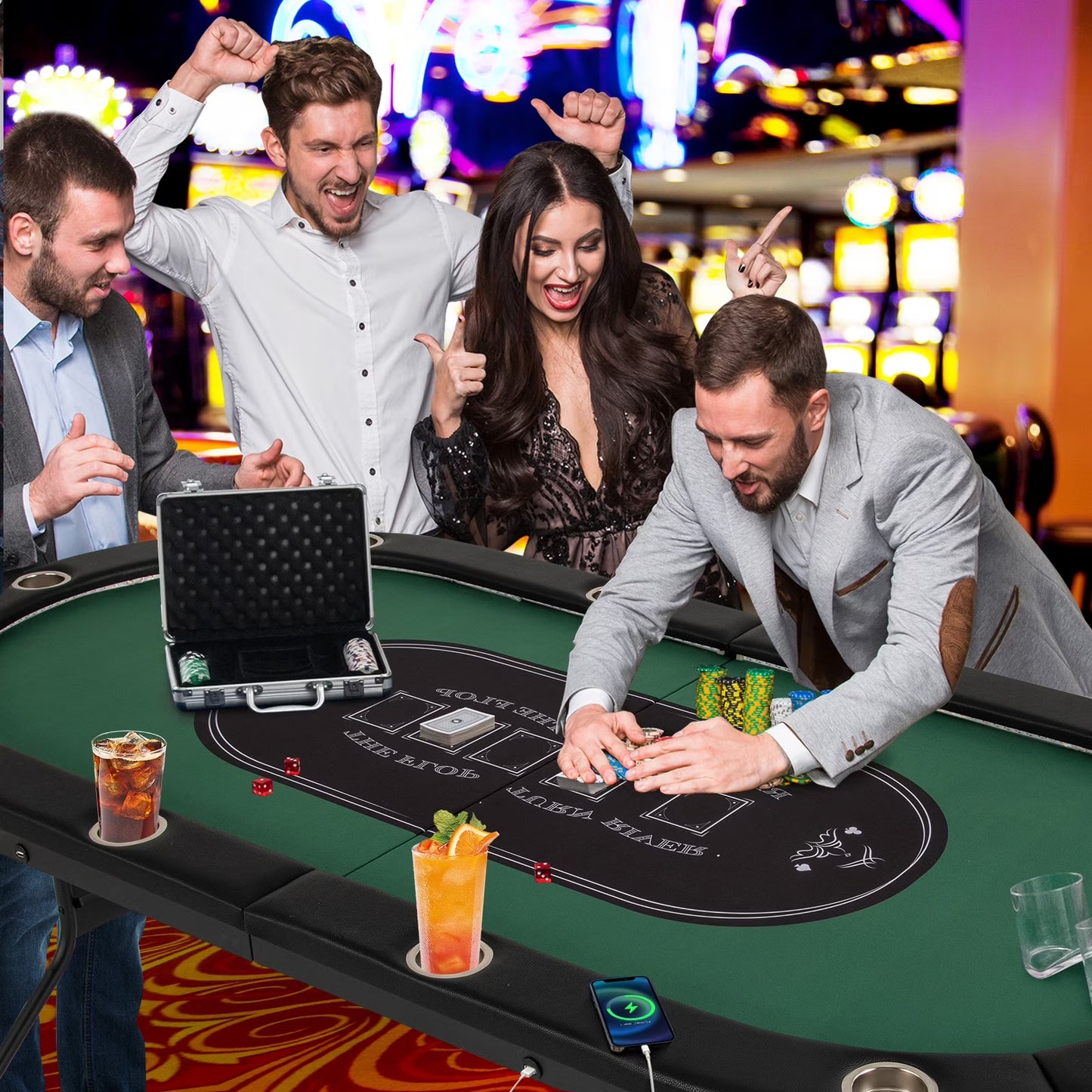 Foldable 10 Player Poker Table Casino Texas Holdem with LED Lights USB Ports Green