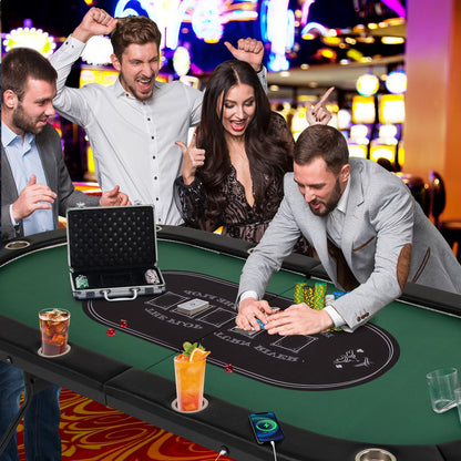 Foldable 10 Player Poker Table Casino Texas Holdem with LED Lights USB Ports Green