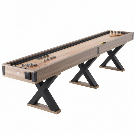 Shuffleboard Table, 11.5 Ft Shuffleboard for Family Game Rooms, 2 in 1 Shuffleboard and Bowling Combo Game Set, with Scratch-Resistant Playfield, Legs, 8 Pucks, Bowling Set, Wax, and Table Brush