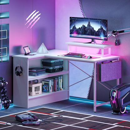 L Shaped Gaming Desk with LED Lights, 42 Inch Computer Desk with Monitor Stand & Open Storage Cabinet,Writing Study Corner Desk for Home Office Bedroom, White