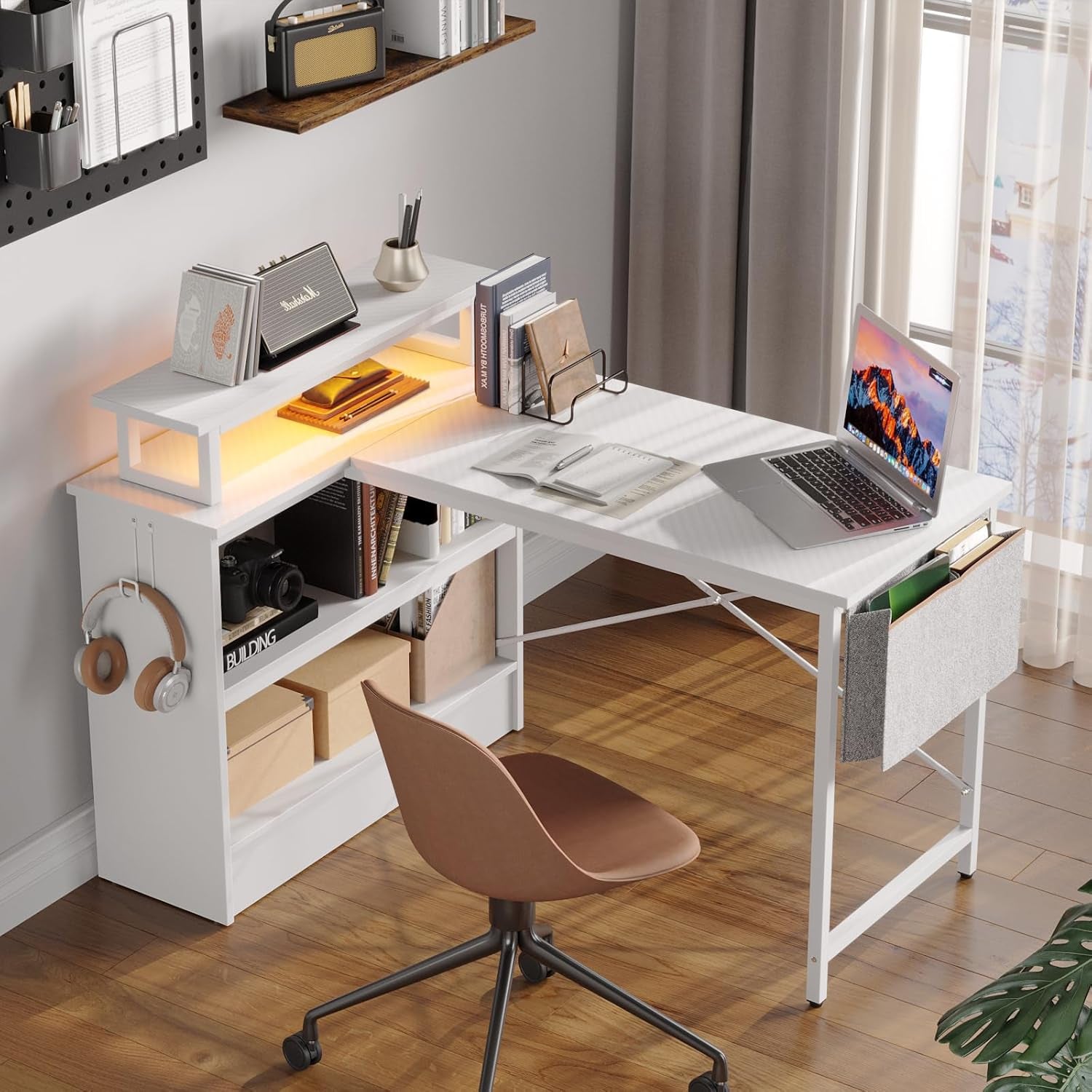L Shaped Gaming Desk with LED Lights, 42 Inch Computer Desk with Monitor Stand & Open Storage Cabinet,Writing Study Corner Desk for Home Office Bedroom, White