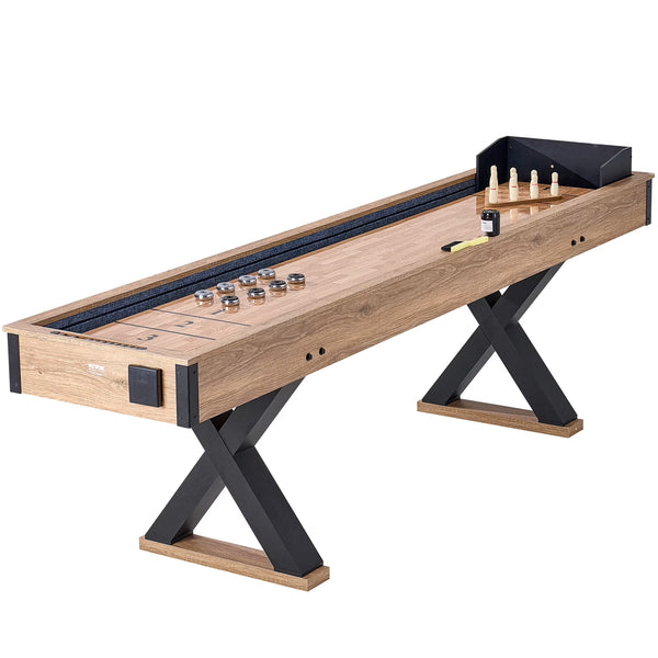 Shuffleboard Table, 9 Ft Shuffleboard for Family Game Rooms, 2 in 1 Shuffleboard and Bowling Combo Game Set, with Scratch-Resistant Playfield, Legs, 8 Pucks, Bowling Set, Wax