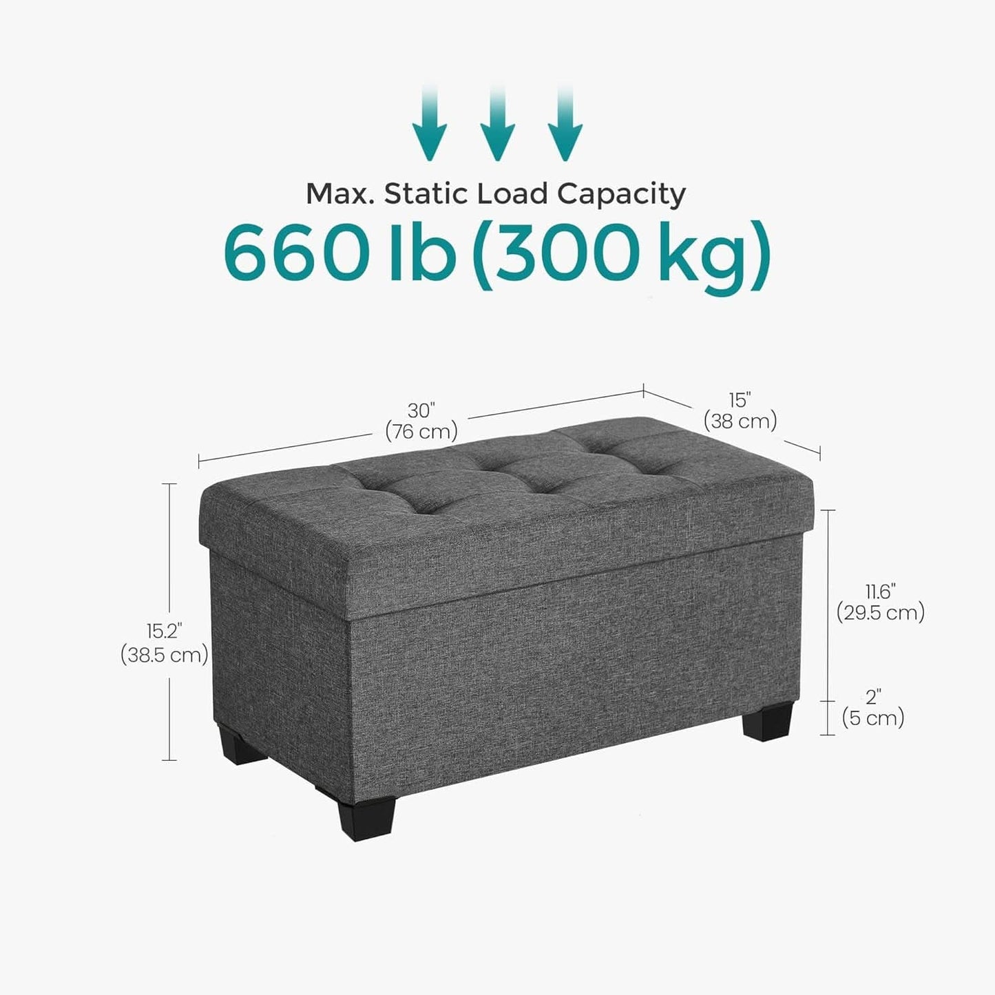 Slate Gray Storage Ottoman Bench 15x30x15.2 Inches