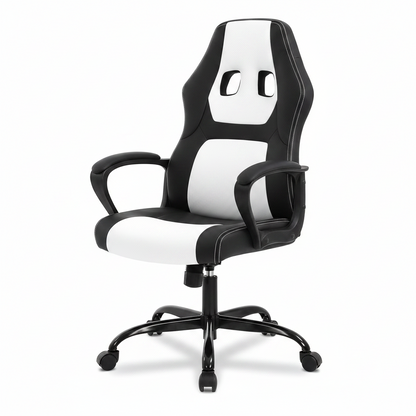Adult PU Leather and Mesh Racing Gaming Chair with Swivel and Lumbar Support, White
