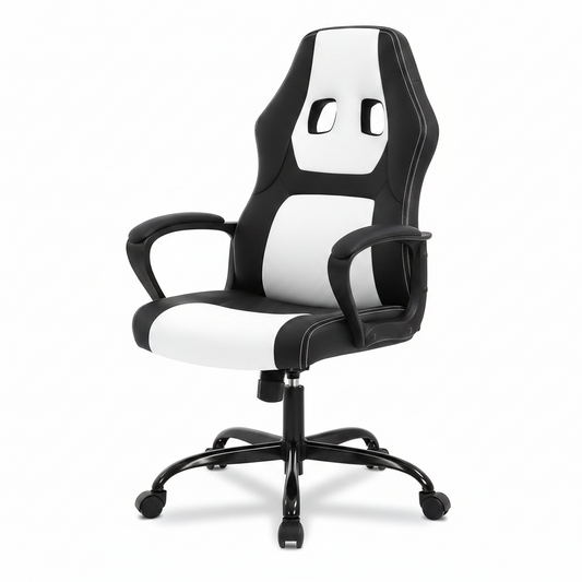 Adult PU Leather and Mesh Racing Gaming Chair with Swivel and Lumbar Support, White