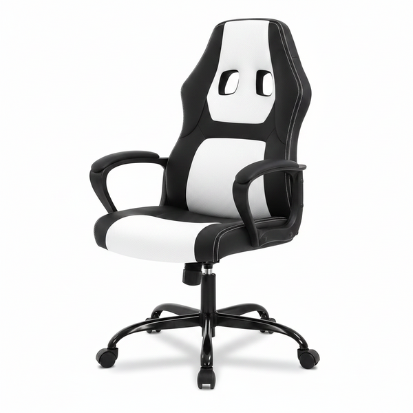 Adult PU Leather and Mesh Racing Gaming Chair with Swivel and Lumbar Support, White