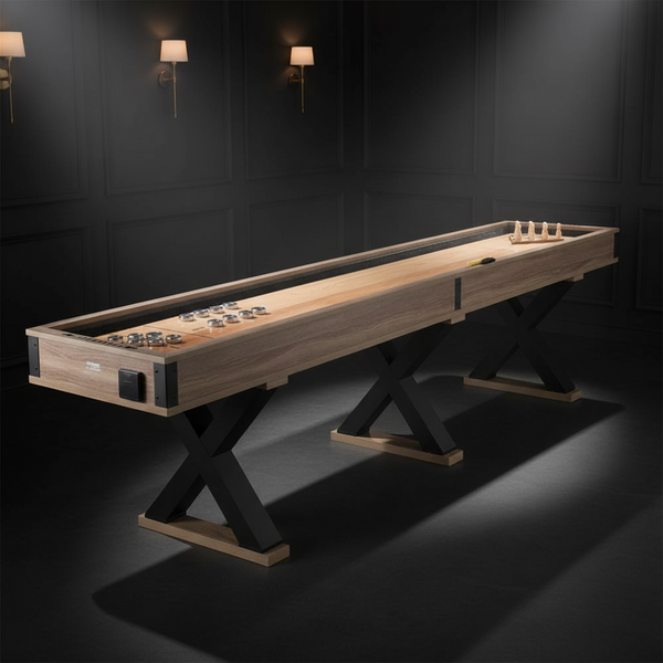 Shuffleboard Table, 11.5 Ft Shuffleboard for Family Game Rooms, 2 in 1 Shuffleboard and Bowling Combo Game Set, with Scratch-Resistant Playfield, Legs, 8 Pucks, Bowling Set, Wax, and Table Brush